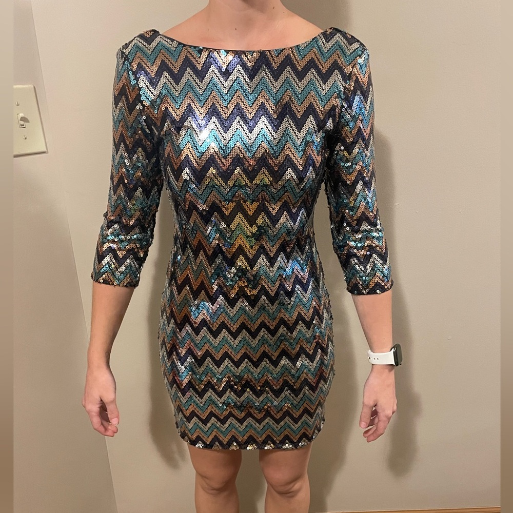 Love Reign Sequin Bodycon, Backless Mid Sleeve Mini Dress